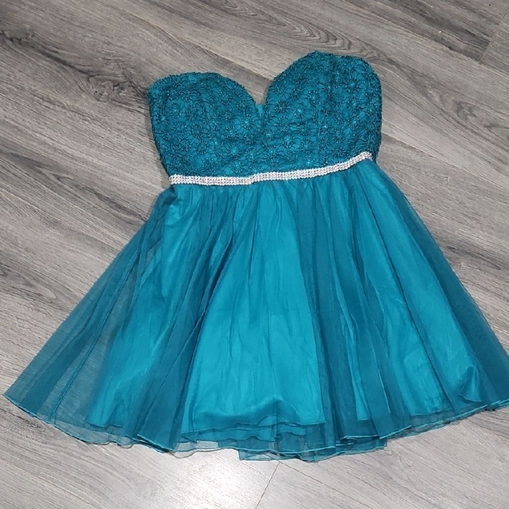 y2k semi formal dress Teal Strapless Mini y2k dress style